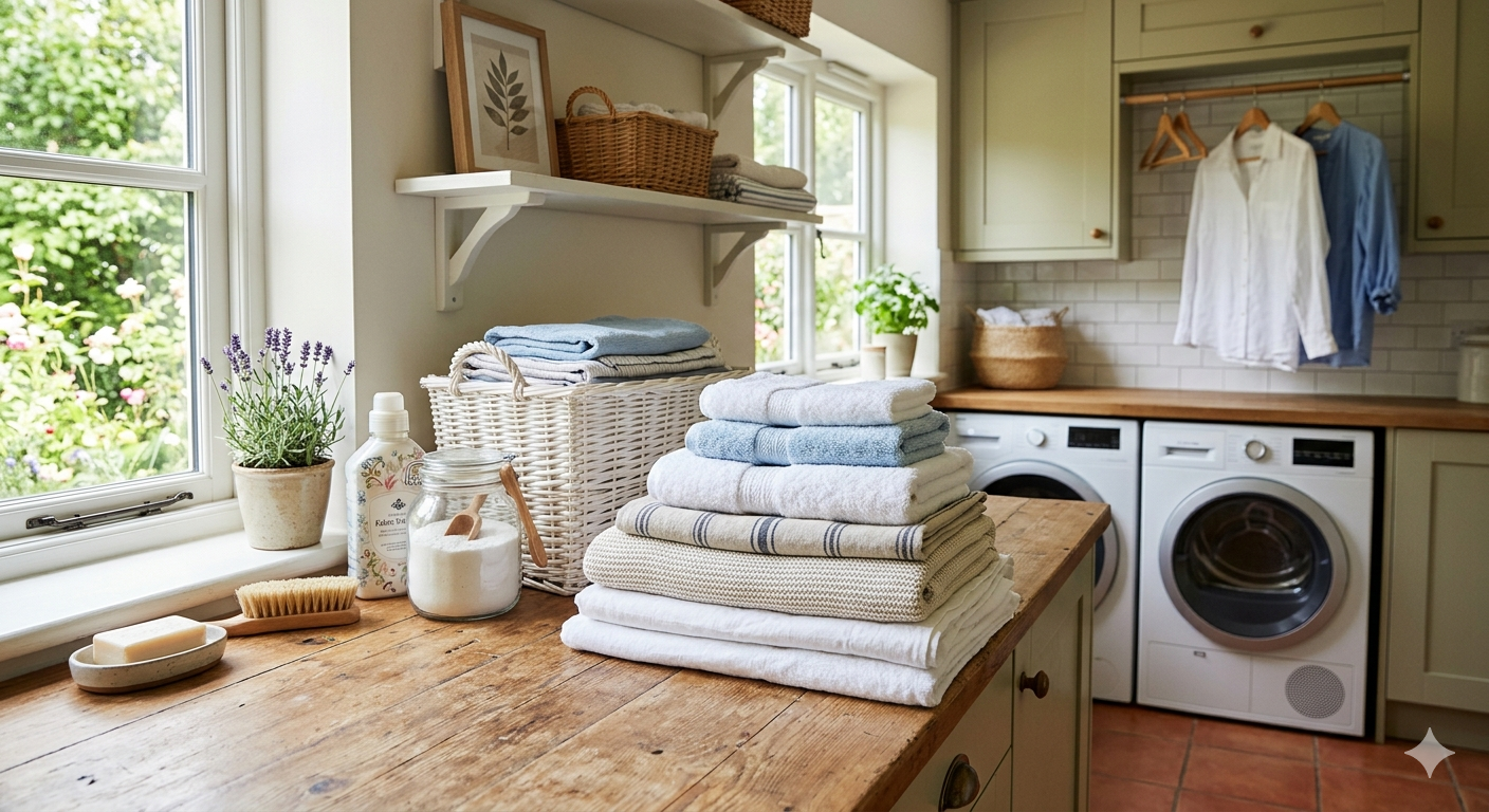Stacked clean towels and cloths on a kitchen countertop in a bright laundry room with a washing machine, shelves, and decorative plants.