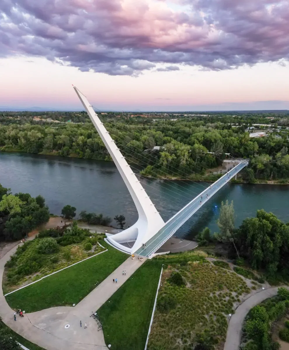 Sundial bridge in Redding, CA arial view image representing local financial planner in Redding