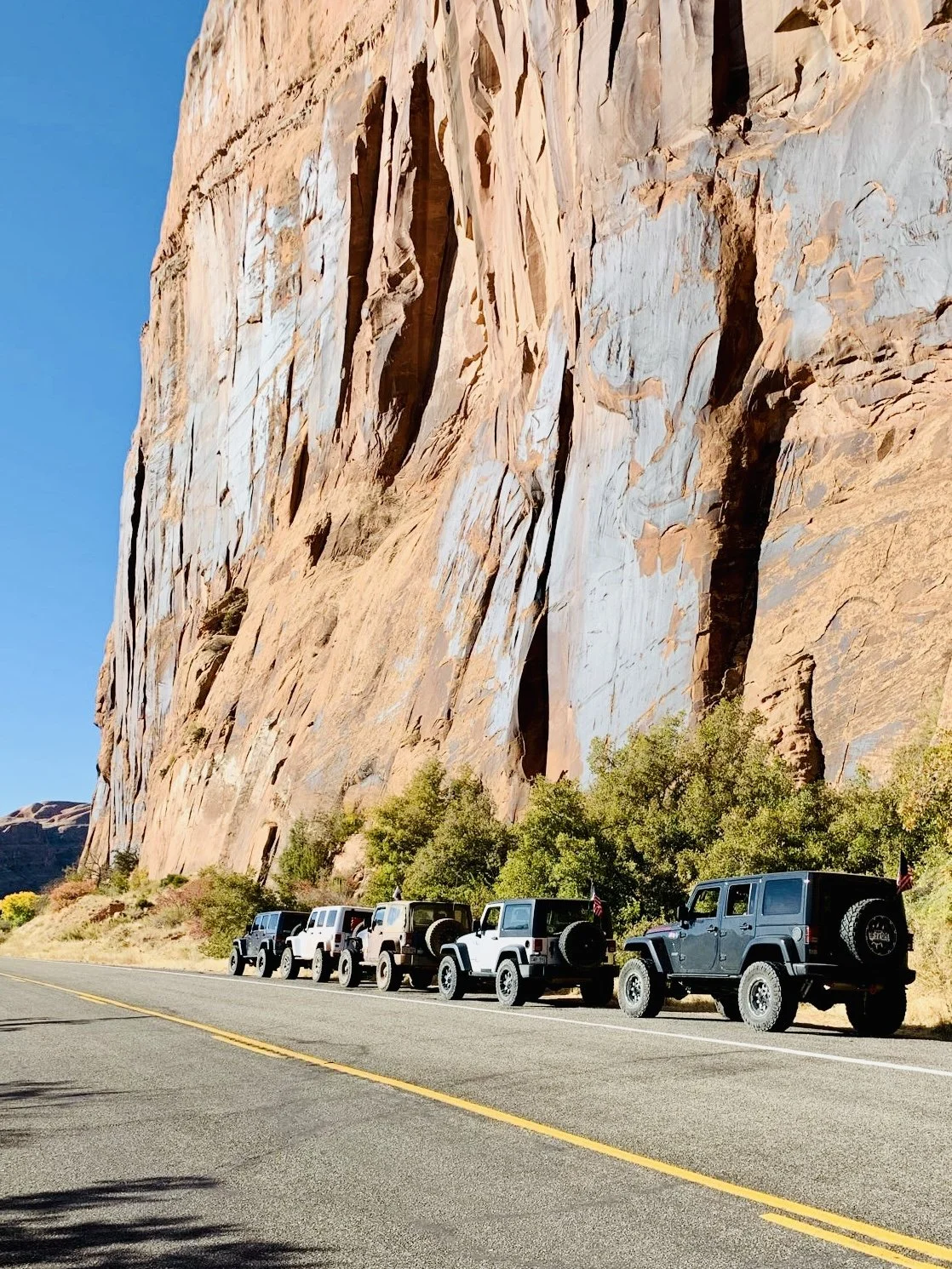 Five Jeep Wranglers parked along the side of a paved road with yellow center lines, next to tall red rock cliffs and some green trees.