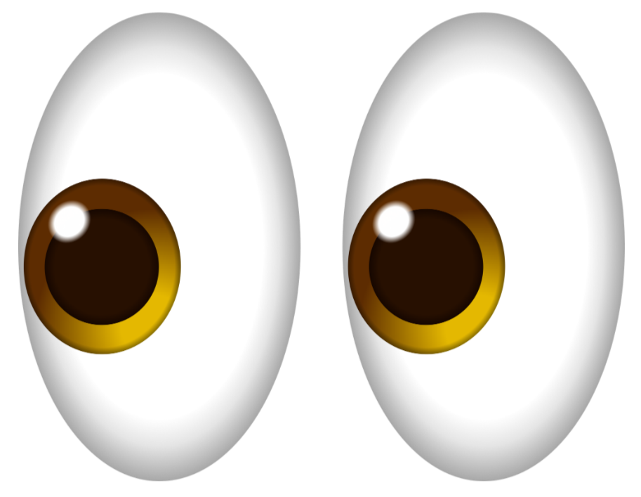 Ojos grandes y caricaturescos con pupilas negras y bordes blancos.