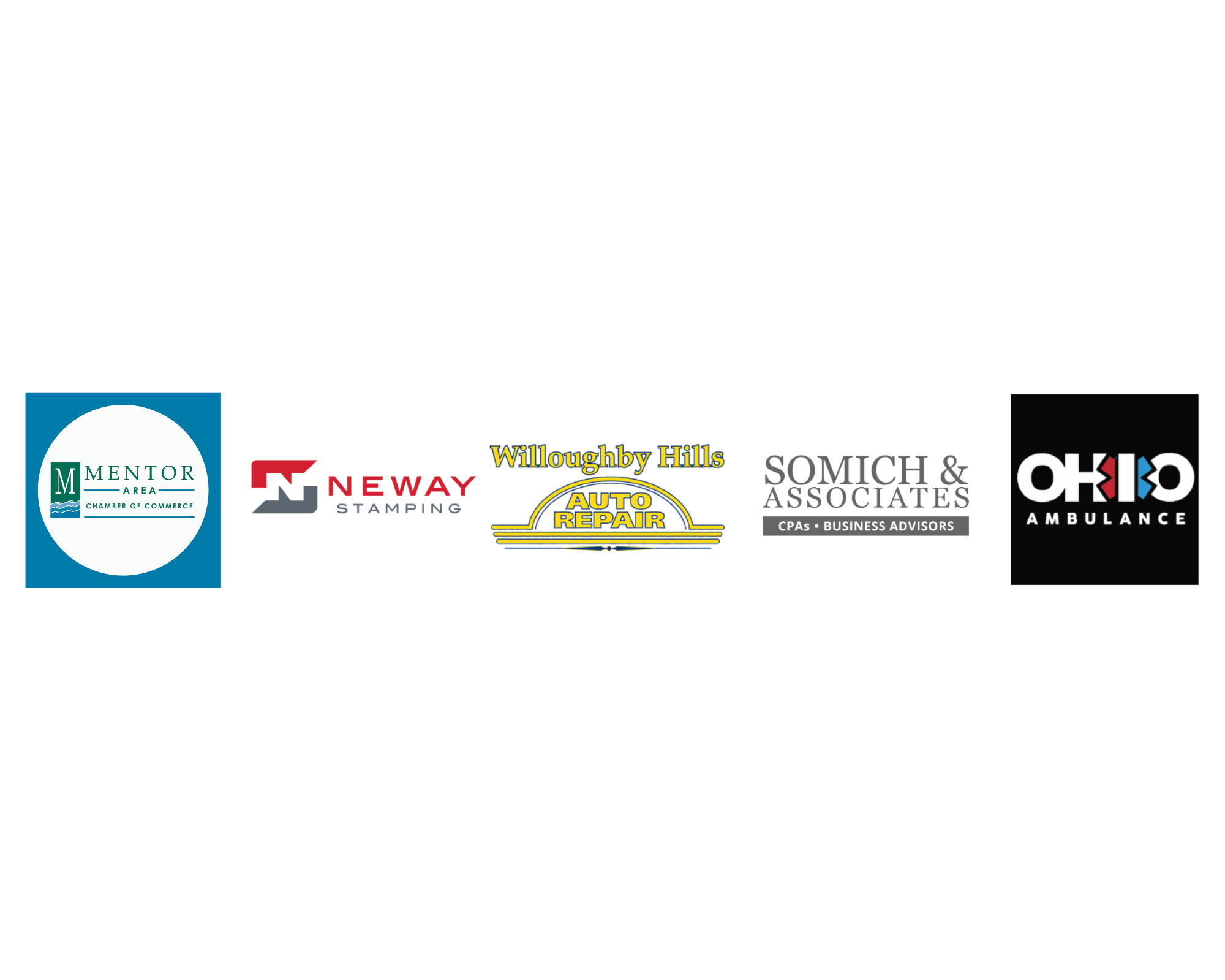 A row of business logos at the bottom of a webpage, including Mentor Area Chamber of Commerce, Neway Stamping, Willoughby Hills Auto Repair, SOMICH & Associates, and Ohio Ambulance.