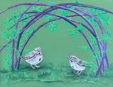 Pair of Song Sparrows under Wild Rasberry Bramble