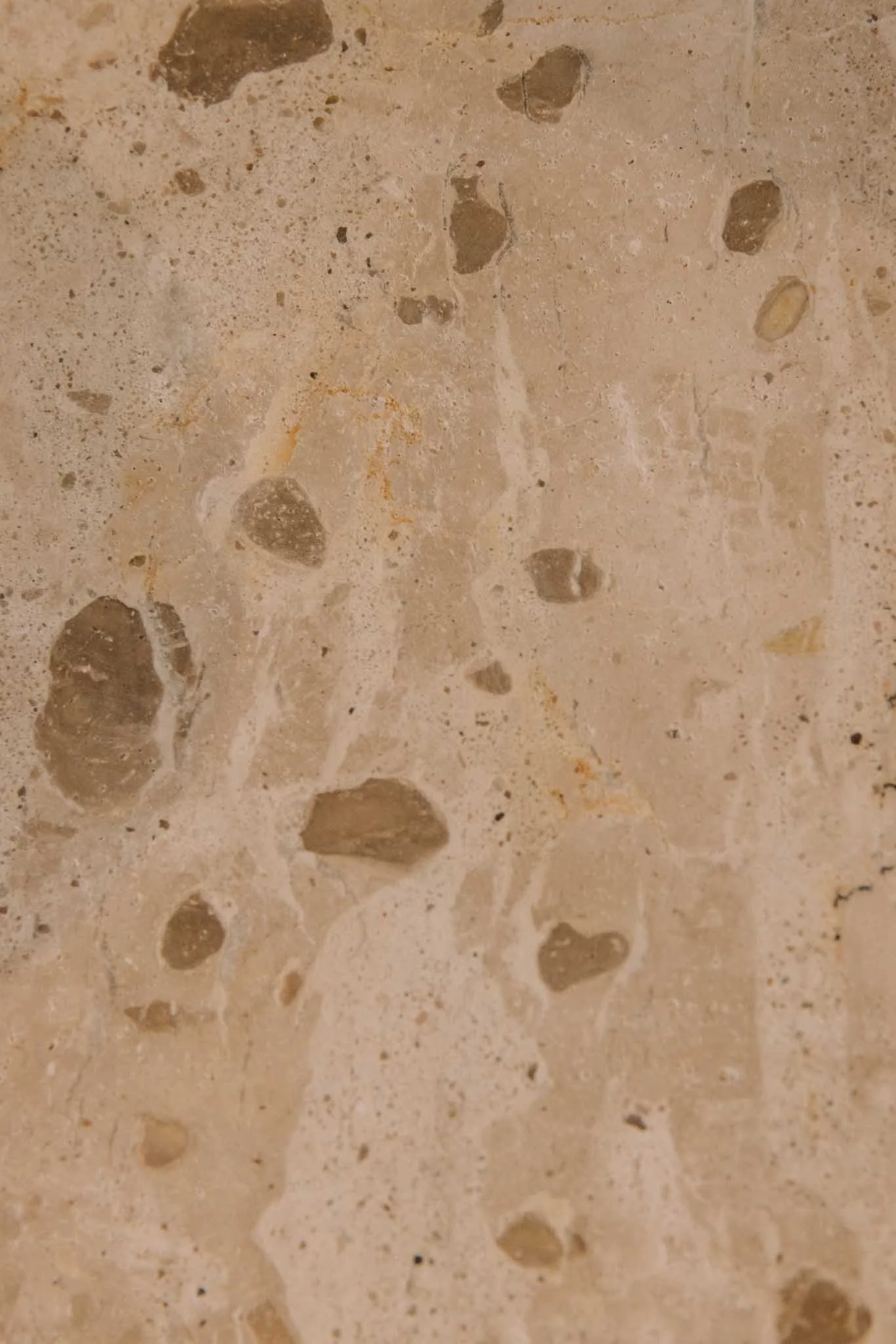 Close-up of a beige, speckled natural stone or marble surface with various small and larger darker spots and veins.