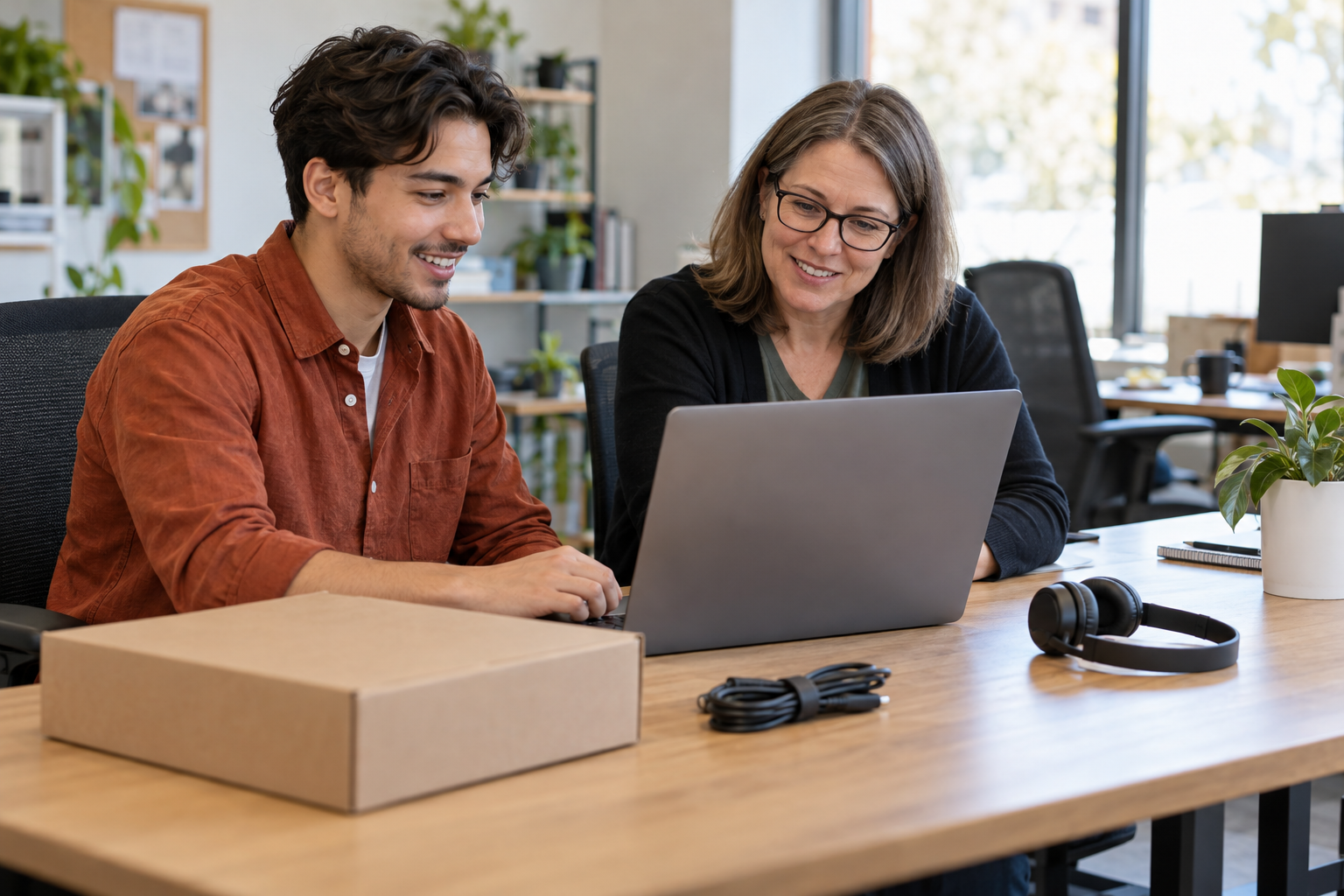 New employee and IT coordinator setting up a laptop with equipment ready on the desk.