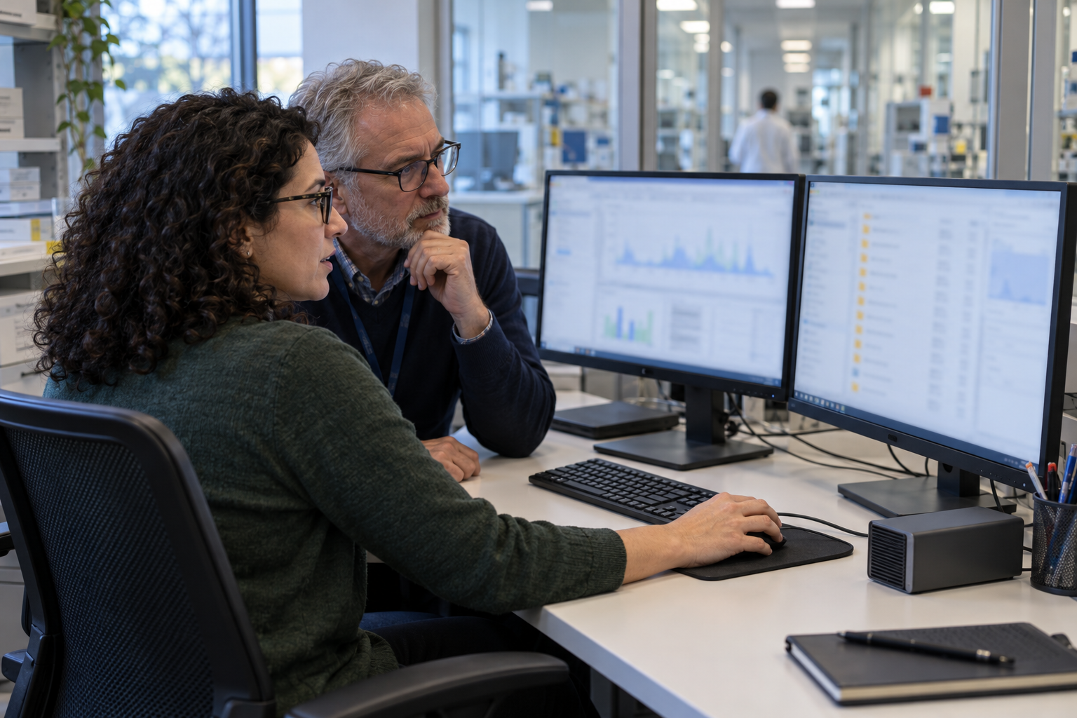 Research data manager and IT specialist reviewing files at a dual-monitor workstation.