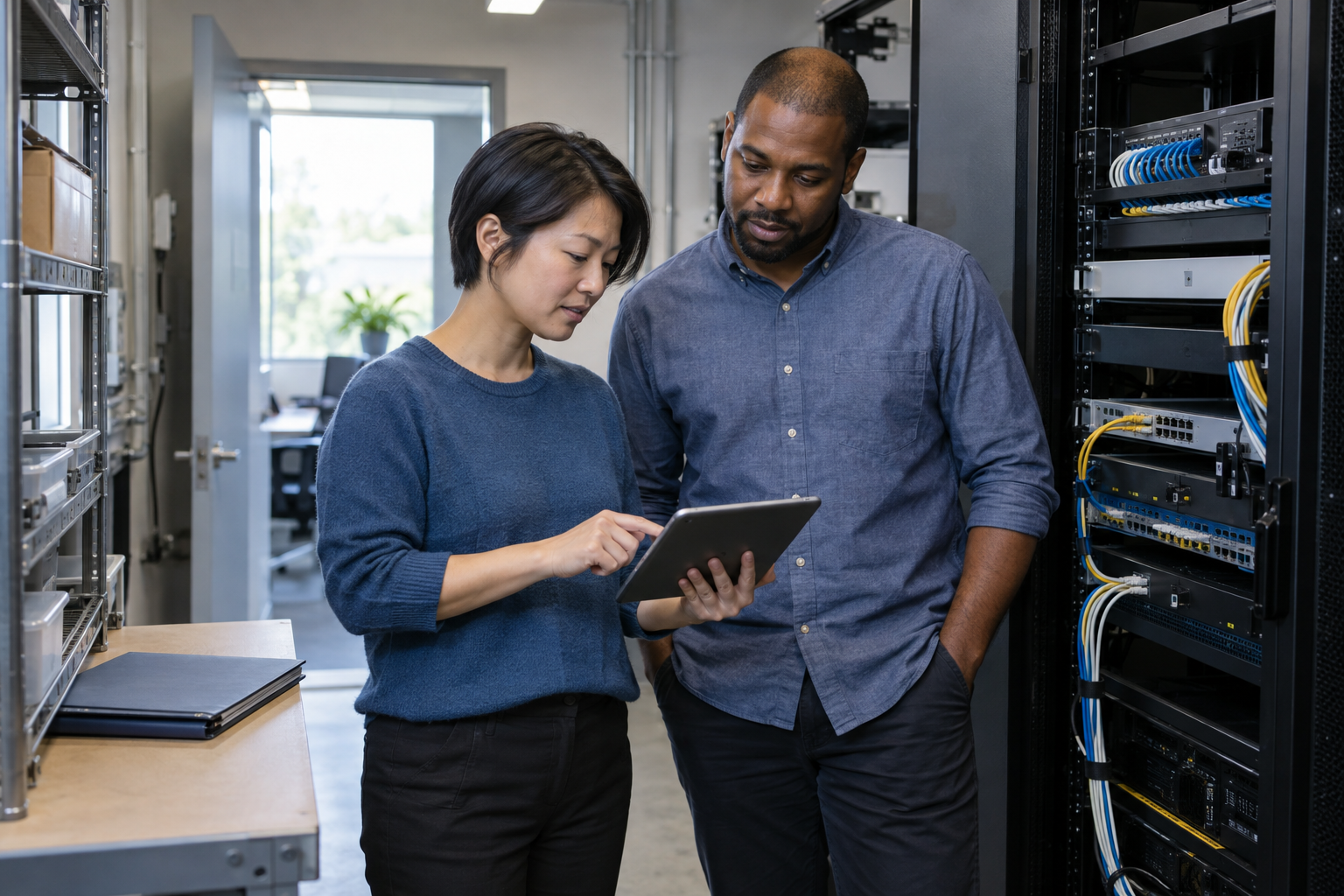 Two IT professionals reviewing a tablet beside a network rack.