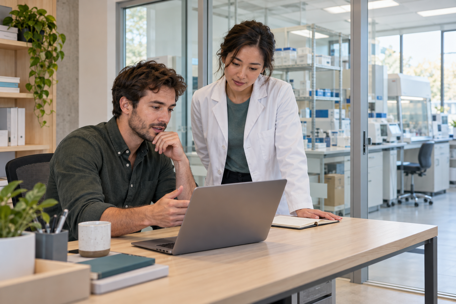 Biotech founder and lab manager planning technology at a laptop outside a laboratory.