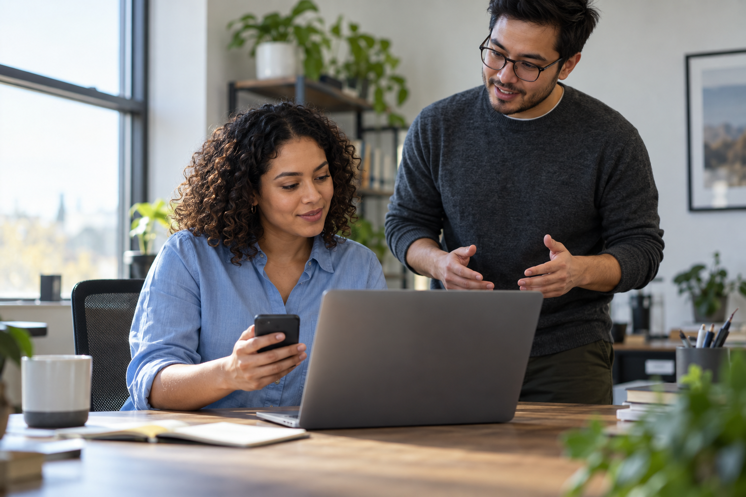 Employee using a smartphone beside a laptop while an IT colleague explains account security.
