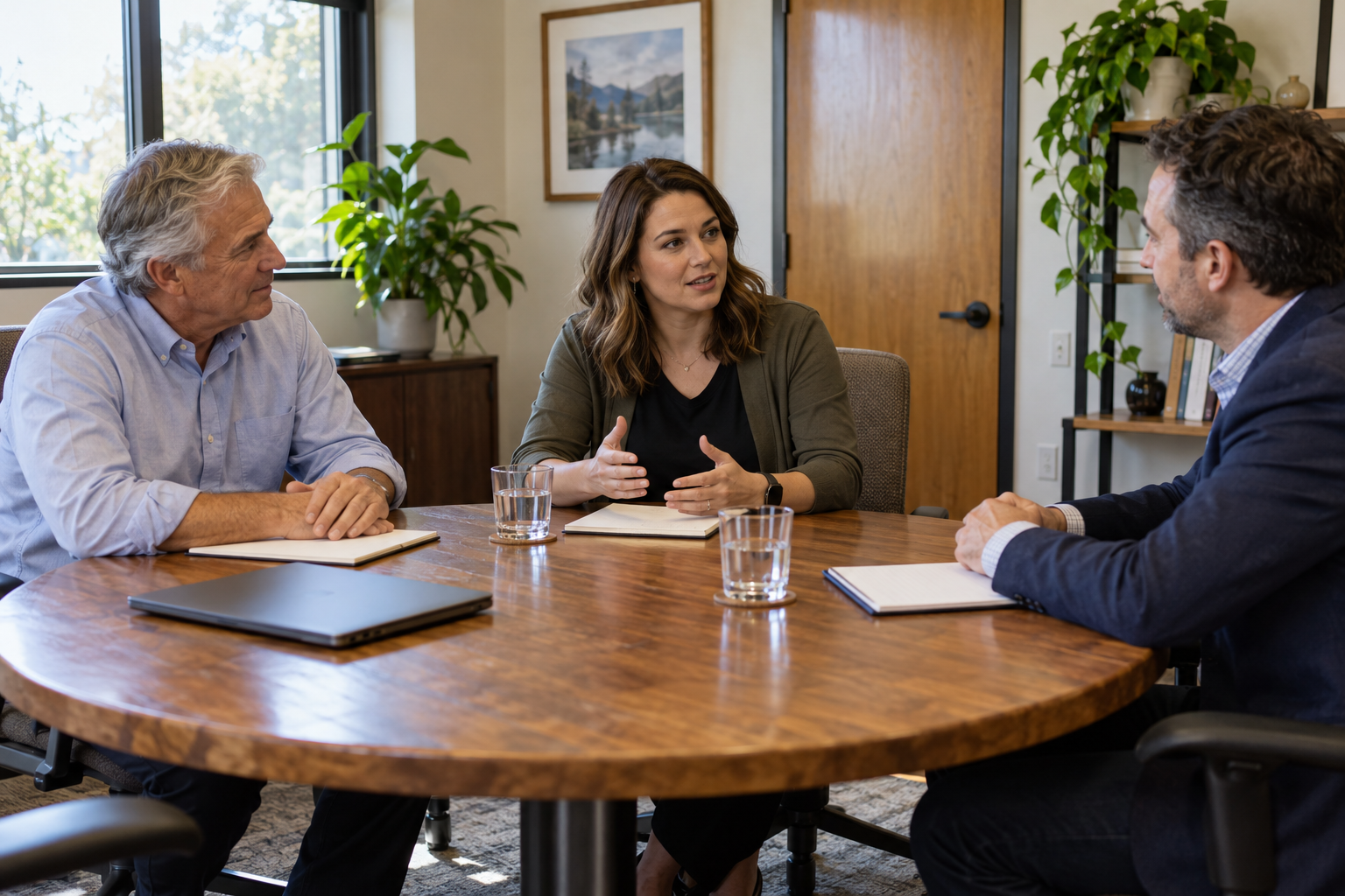 Business owner, internal IT lead and outside adviser discussing responsibilities around a table.