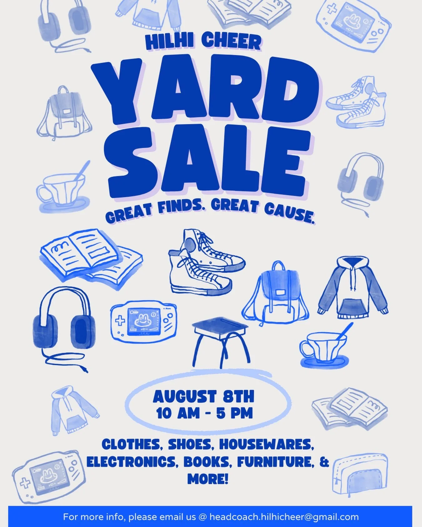 📣 MARK YOUR CALENDARS FOR THIS SATURDAY! 📣

It&rsquo;s time to SHOP FOR A CAUSE! 🛍️💙

Hilhi Cheer is hosting a Yard Sale this Saturday, August 8th from 10AM&ndash;5PM! We&rsquo;ll have tons of items looking for a new home, including clothes &amp;