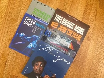 Album coves featuring John Coltrane, Miles Dave, Sonny Rollings, Sarah Vaugh, Charlie Parker, and Thelonious Monk