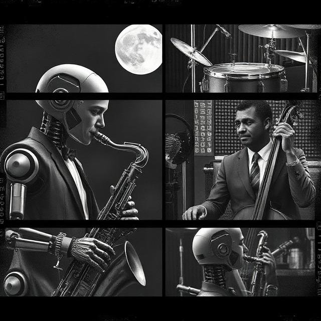 Robot sax player and human bass player in black and white split frames