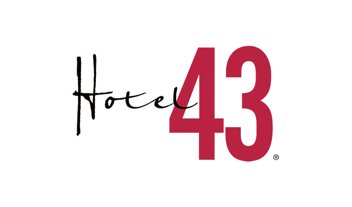 Hotel 43 logo with black handwritten text 'Hotel' and large red number '43'.