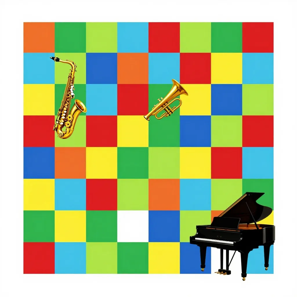 Square filled with colored squares and images of a saxophone, trumpet, and piano