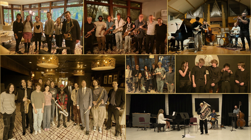 Group of musicians and performers in various settings, including a band with saxophones, an jazz ensemble, and a vocal group, all preparing or performing music.