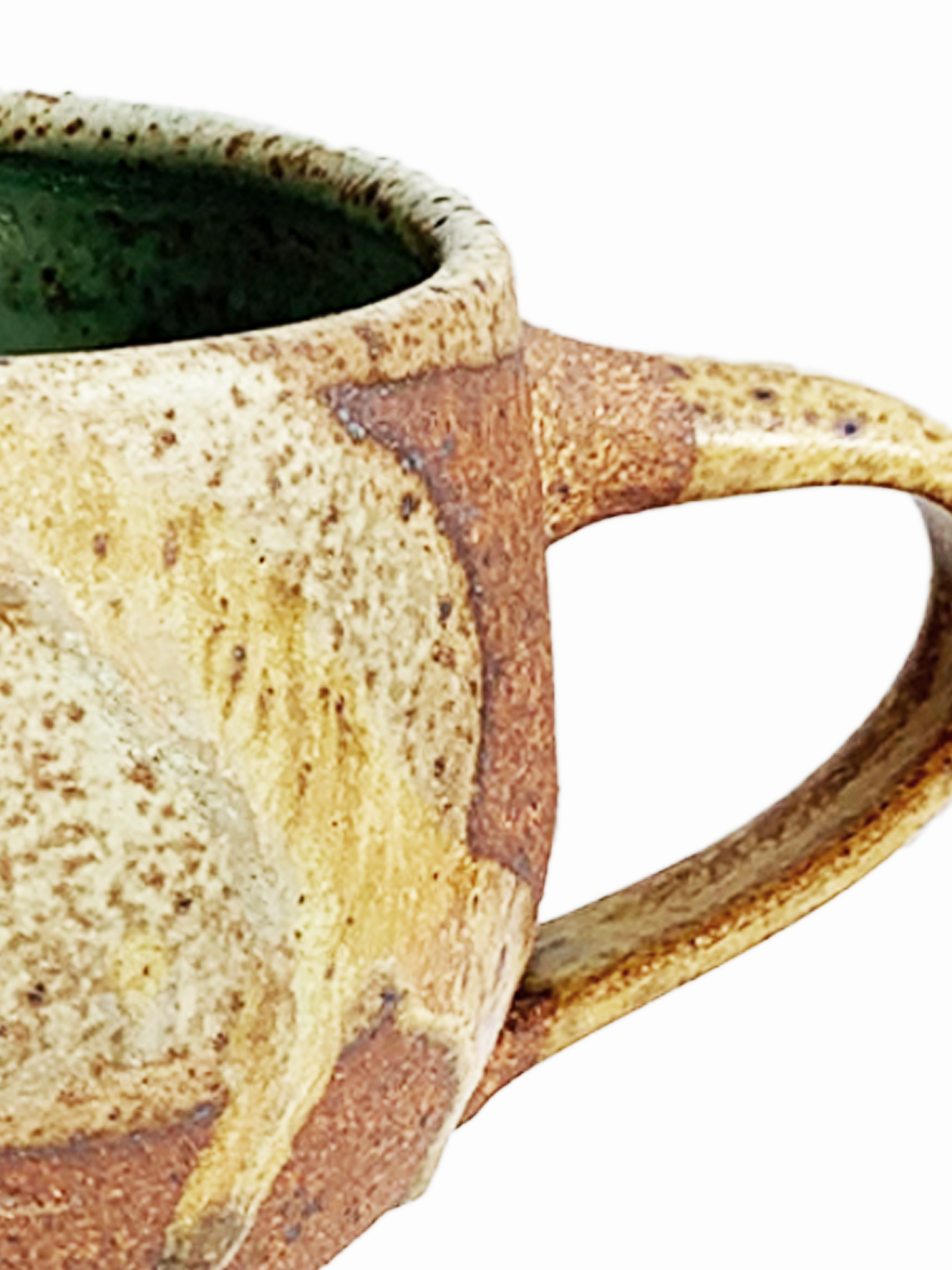 Handmade round stoneware mug with a brown clay body, turquoise speckled glaze, golden tan glaze movement, and side handle.