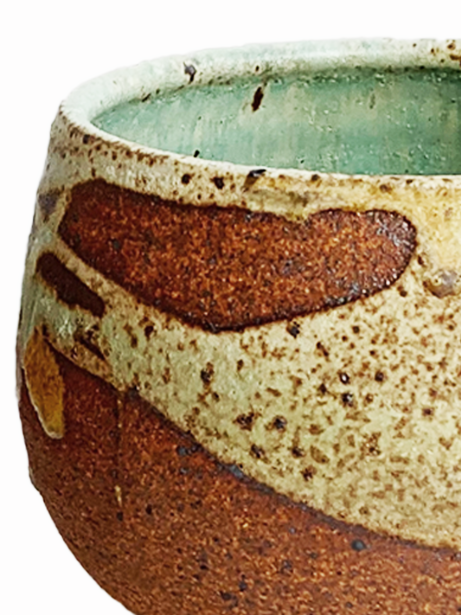 Handmade round stoneware mug with a brown clay body, turquoise speckled glaze, golden tan glaze movement, and side handle.