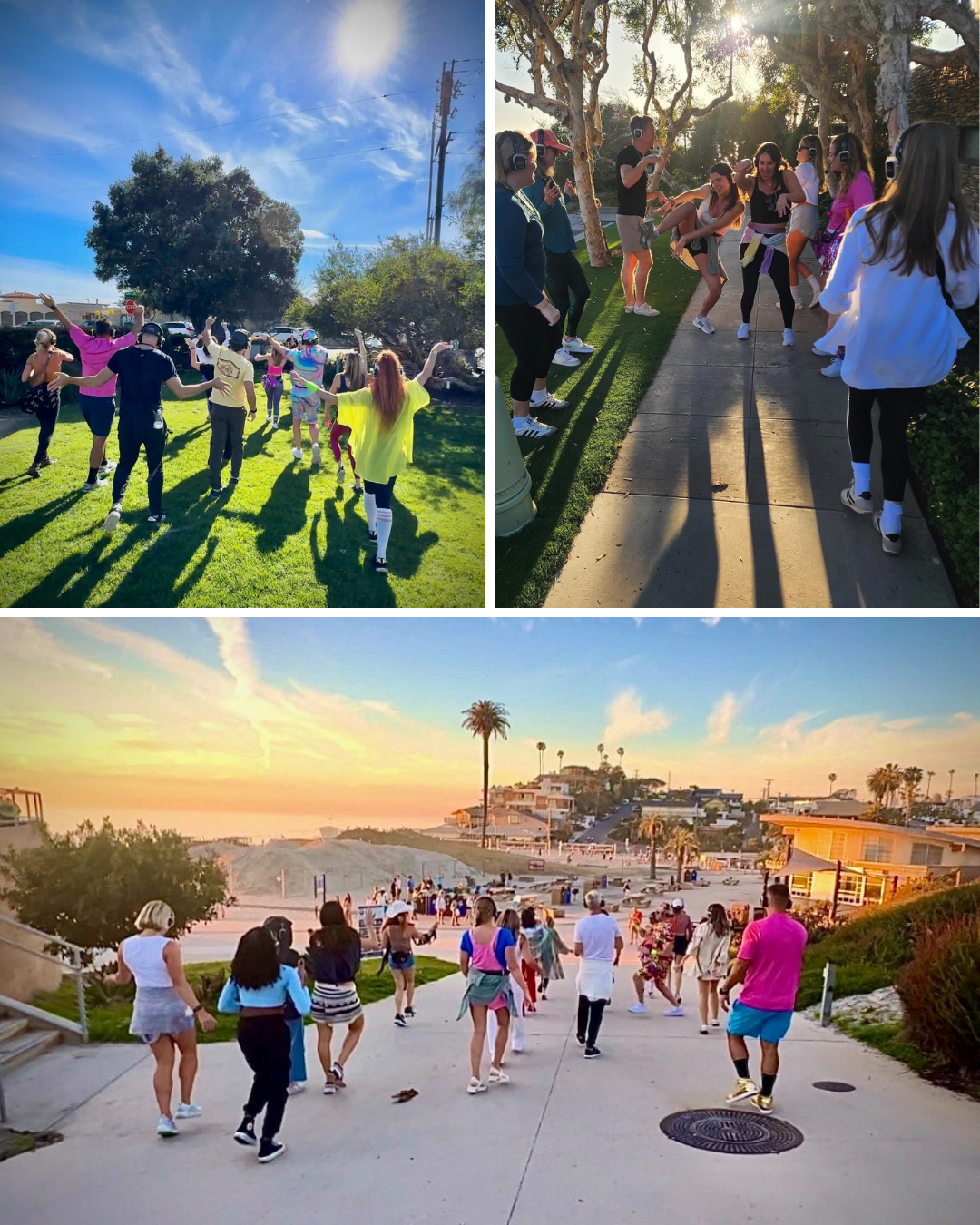 Groups of people dancing with silent disco headphones through Carlsbad and Encinitas