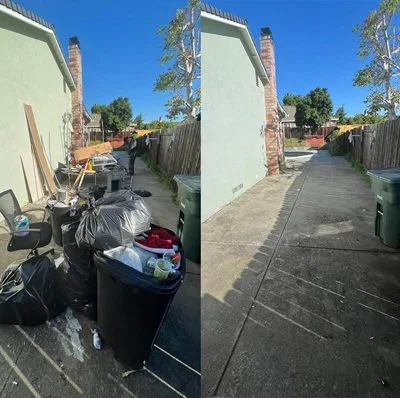 Comparison of a cluttered alley filled with garbage bags and trash on the left, and a clean, empty alley on the right.