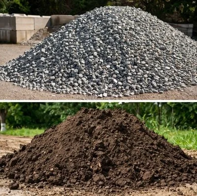 A large pile of gravel and a mound of dirt outdoors.