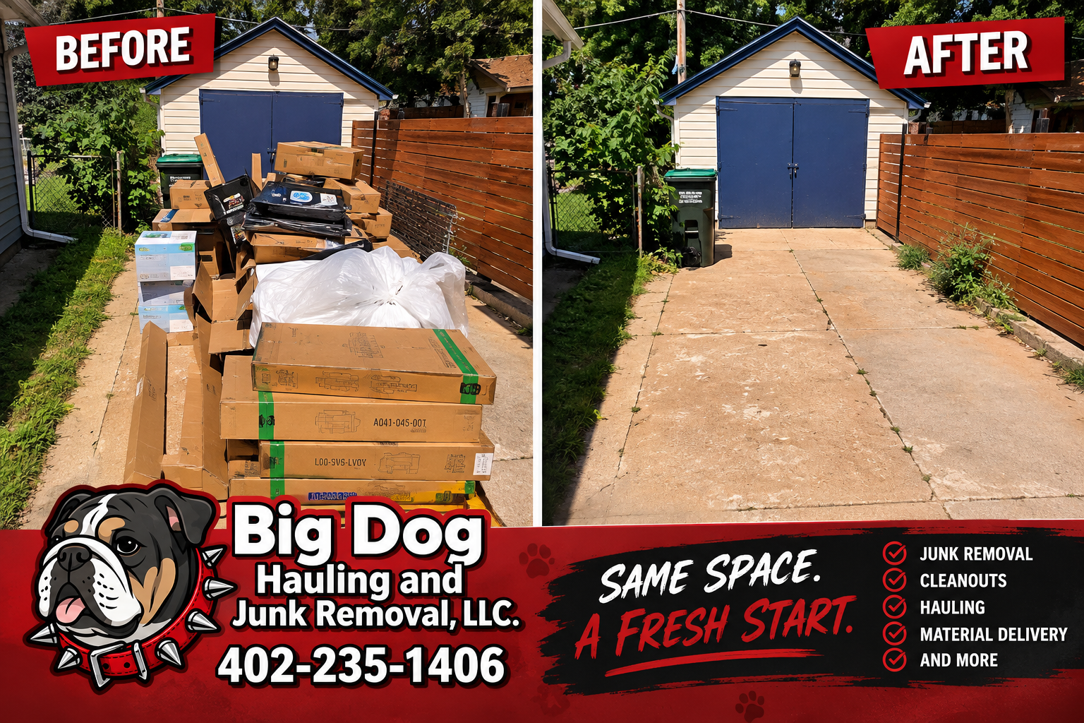 Before and after junk removal cleanup by Big Dog Hauling and Junk Removal in Bellevue, Nebraska.