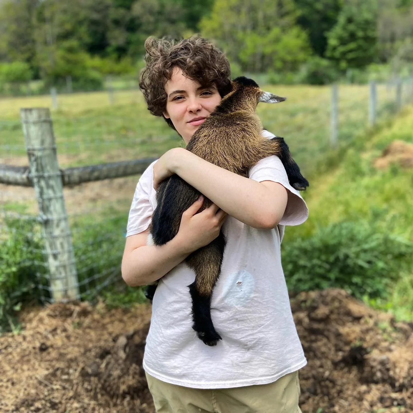 A person with curly hair holding a baby goat in a farm setting.
