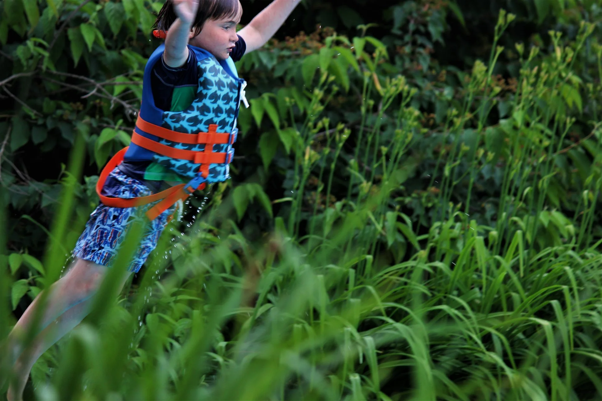 Young boy wearing a life jacket and swimming shorts jumping into a body of water surrounded by tall green plants.