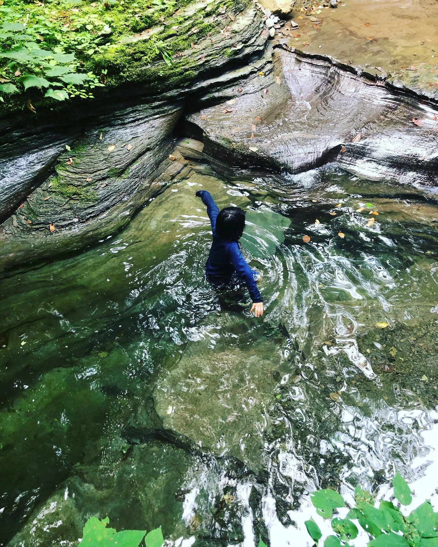 Child wading through a shallow stream surrounded by rock formations and green foliage.