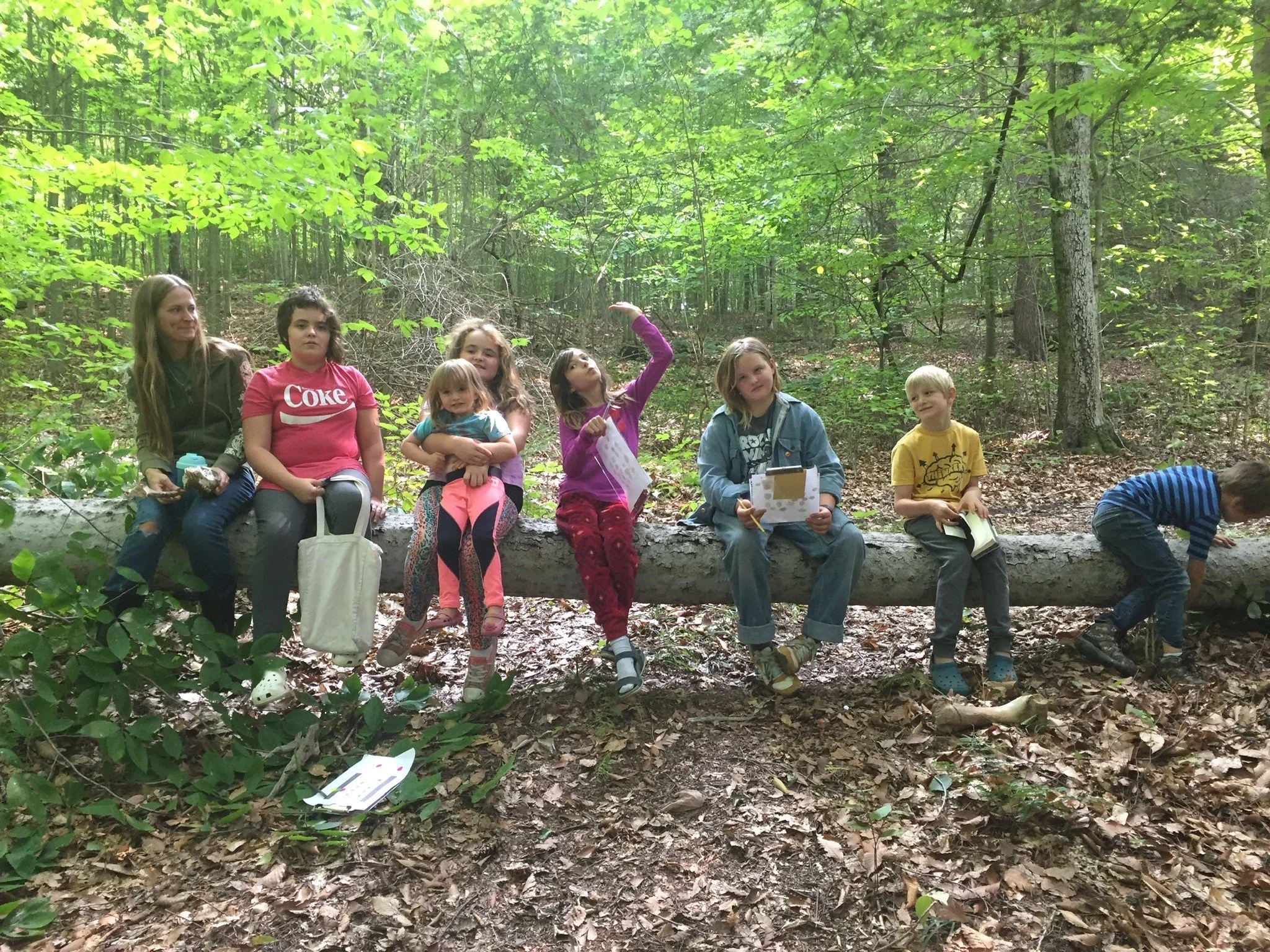 Children and an adult sitting on a fallen tree in a forest, some holding notebooks or papers, with green trees and leaves in the background.
