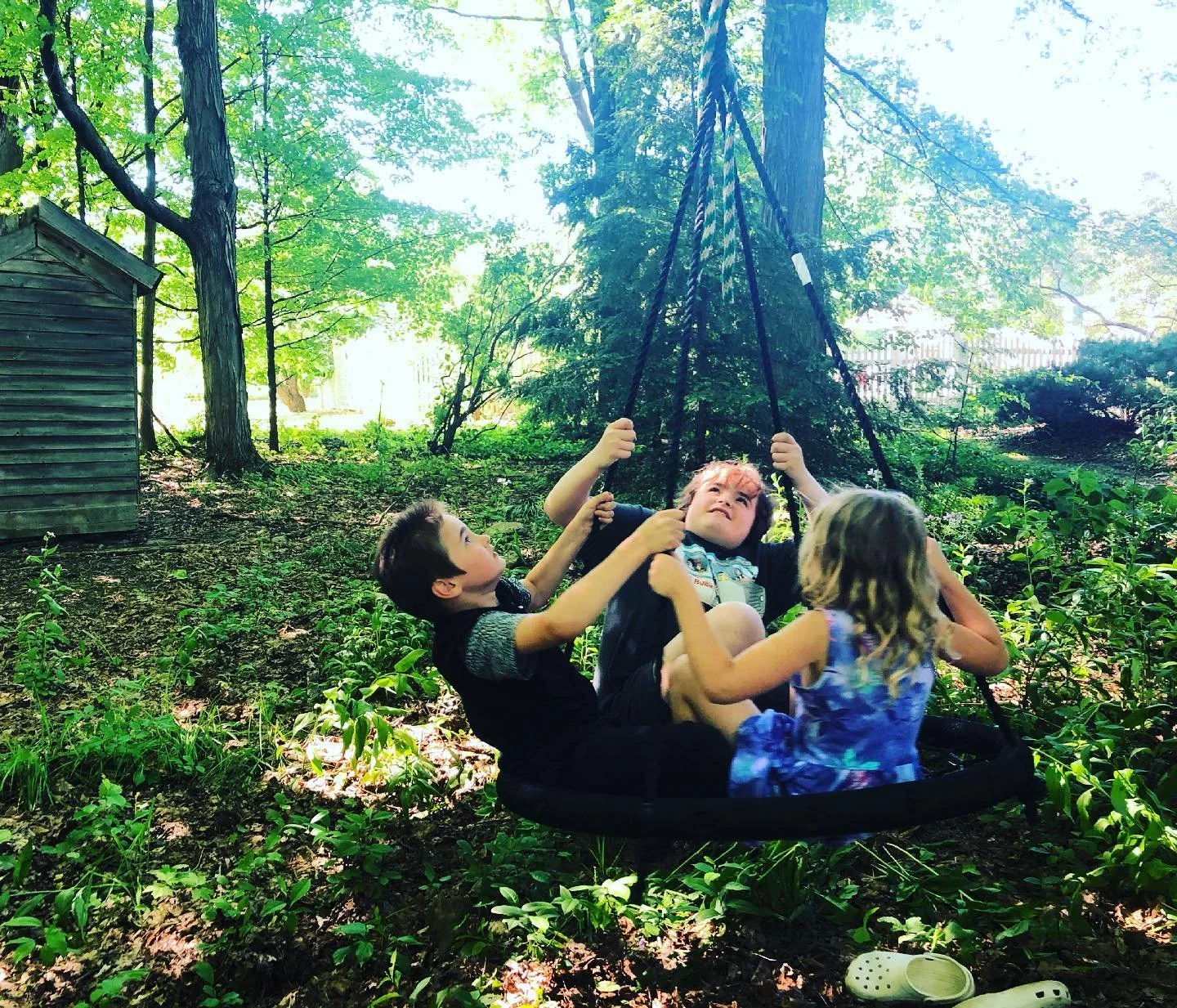Three children playing on a round swing in a wooded backyard with trees and a small shed.