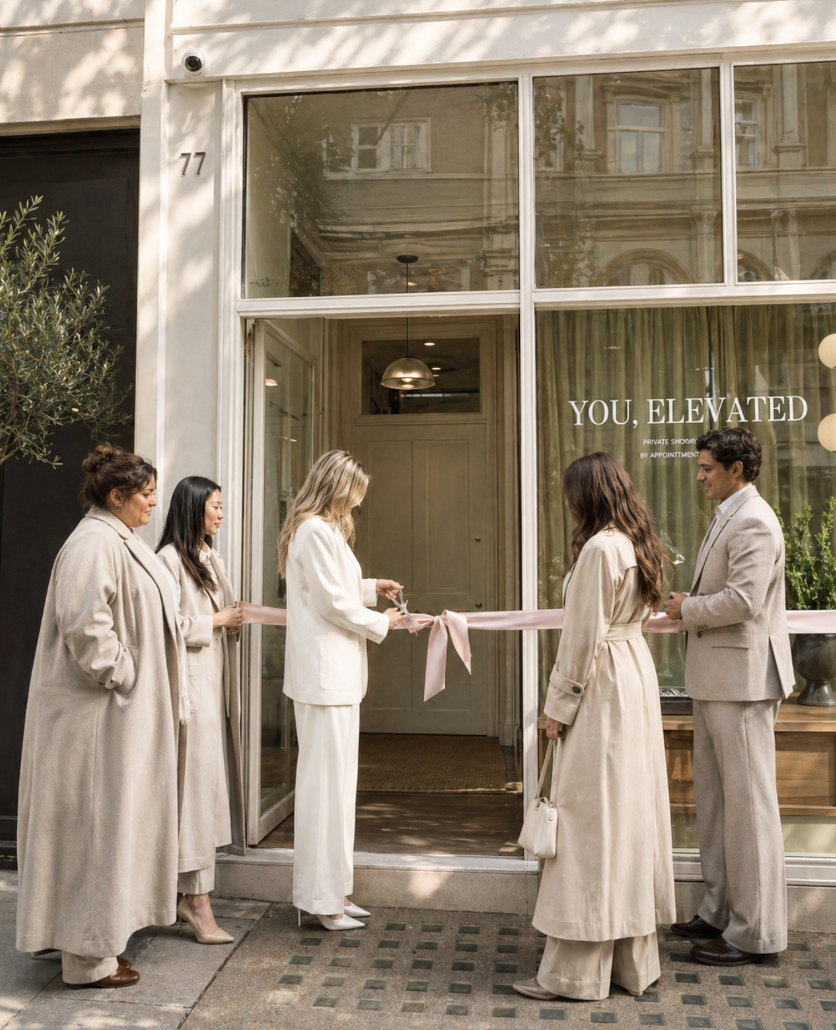 A group of five people, four women and one man, dressed in beige and white clothing, participating in a ribbon-cutting ceremony outside a modern building with large glass windows.