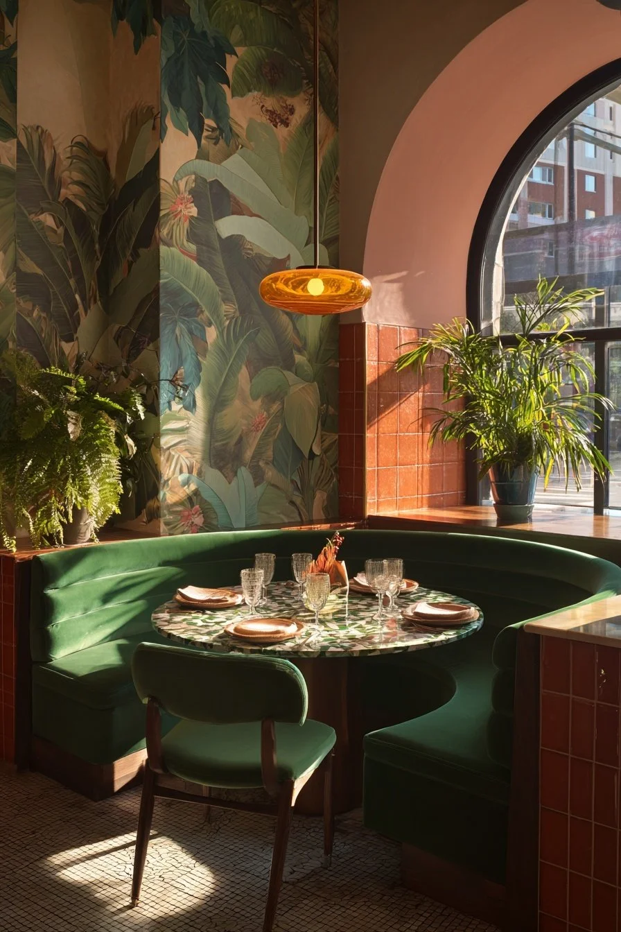 A cozy corner in a restaurant featuring a round table with green upholstered banquette seating, a single green chair, and decorated with glassware and plates. The area is illuminated by warm sunlight from a large arched window, with lush green plants