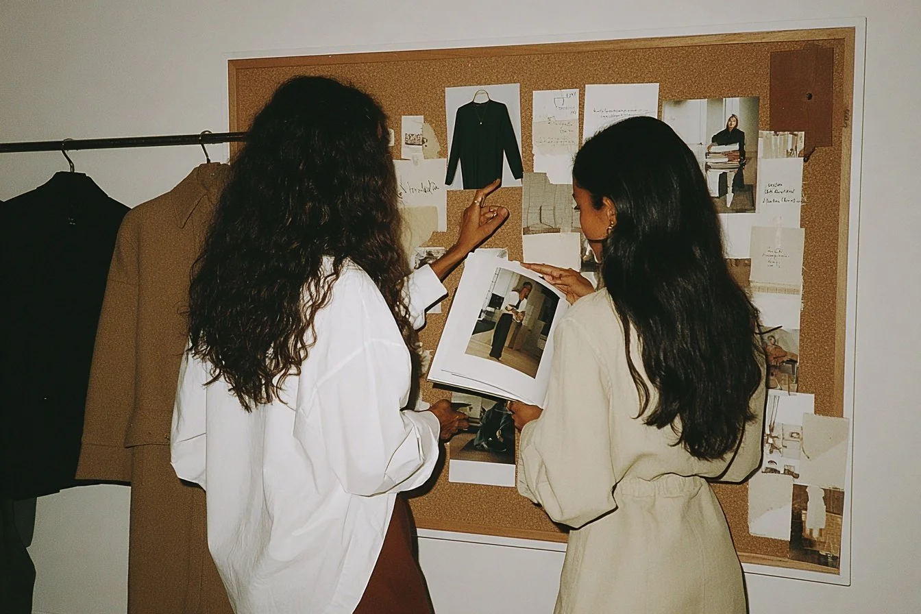 Two women look at a corkboard filled with photographs, notes, and fabric swatches in a design studio.