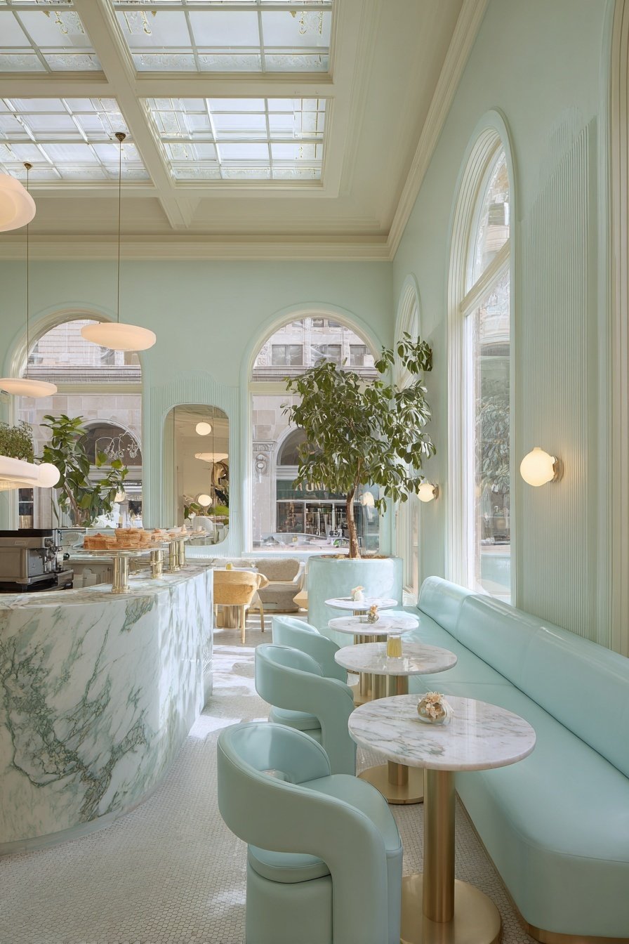 Bright pastel-colored cafe with marble tables, modern chairs, large arched windows, potted plants, and ceiling skylights.