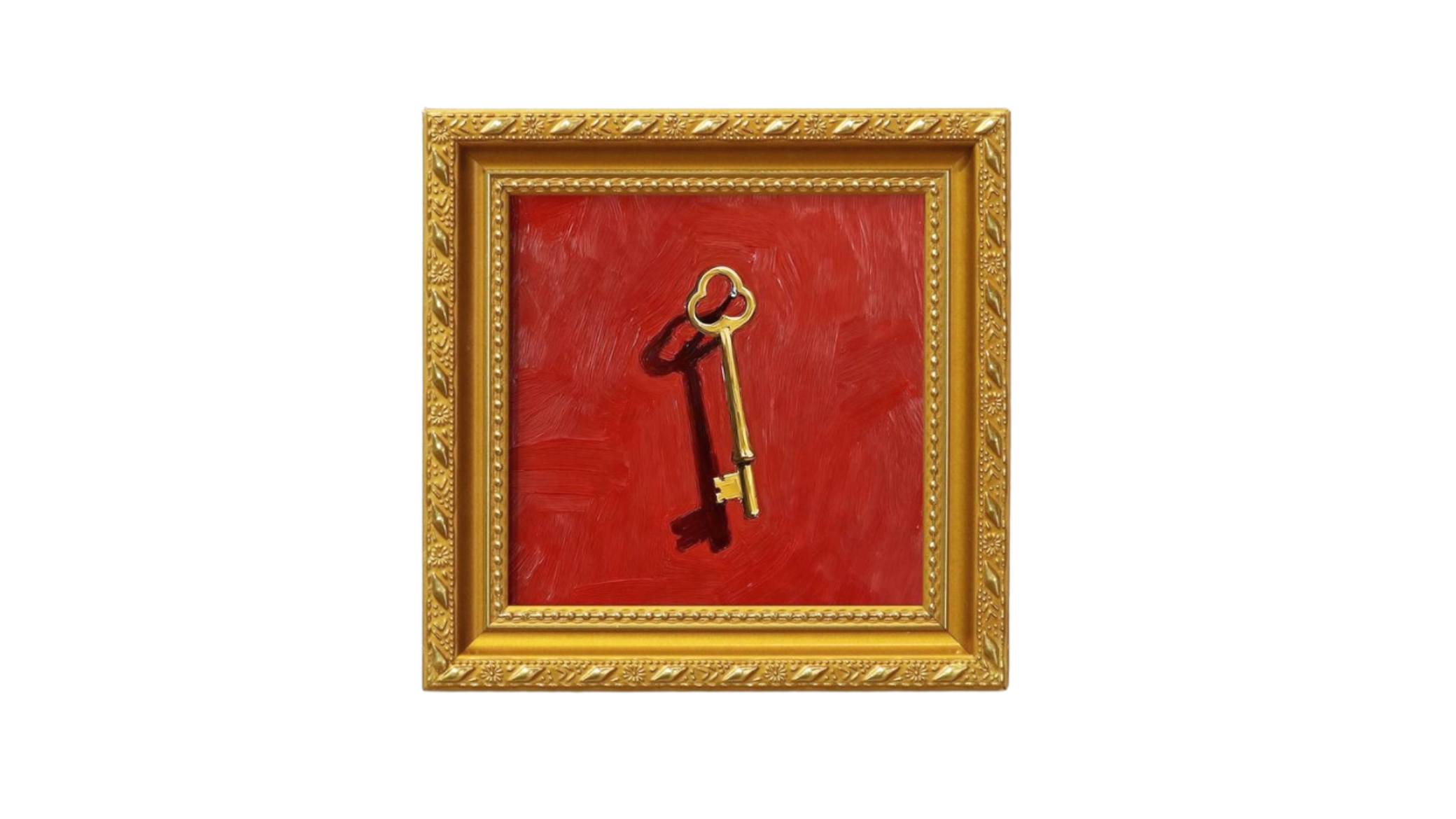 Mixed media artwork of a gold frame with intricate patterns, red background, and a gold key painted in the center casting a shadow.