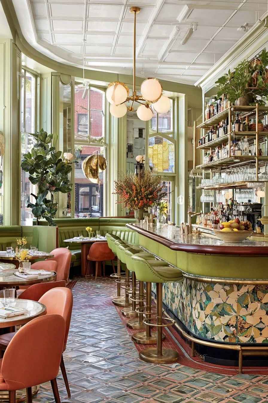 Interior of a restaurant with green and pink seating, large windows, a bar with green upholstery, brass bar stools, and shelves with bottles and glasses, decorated with plants and a chandelier.