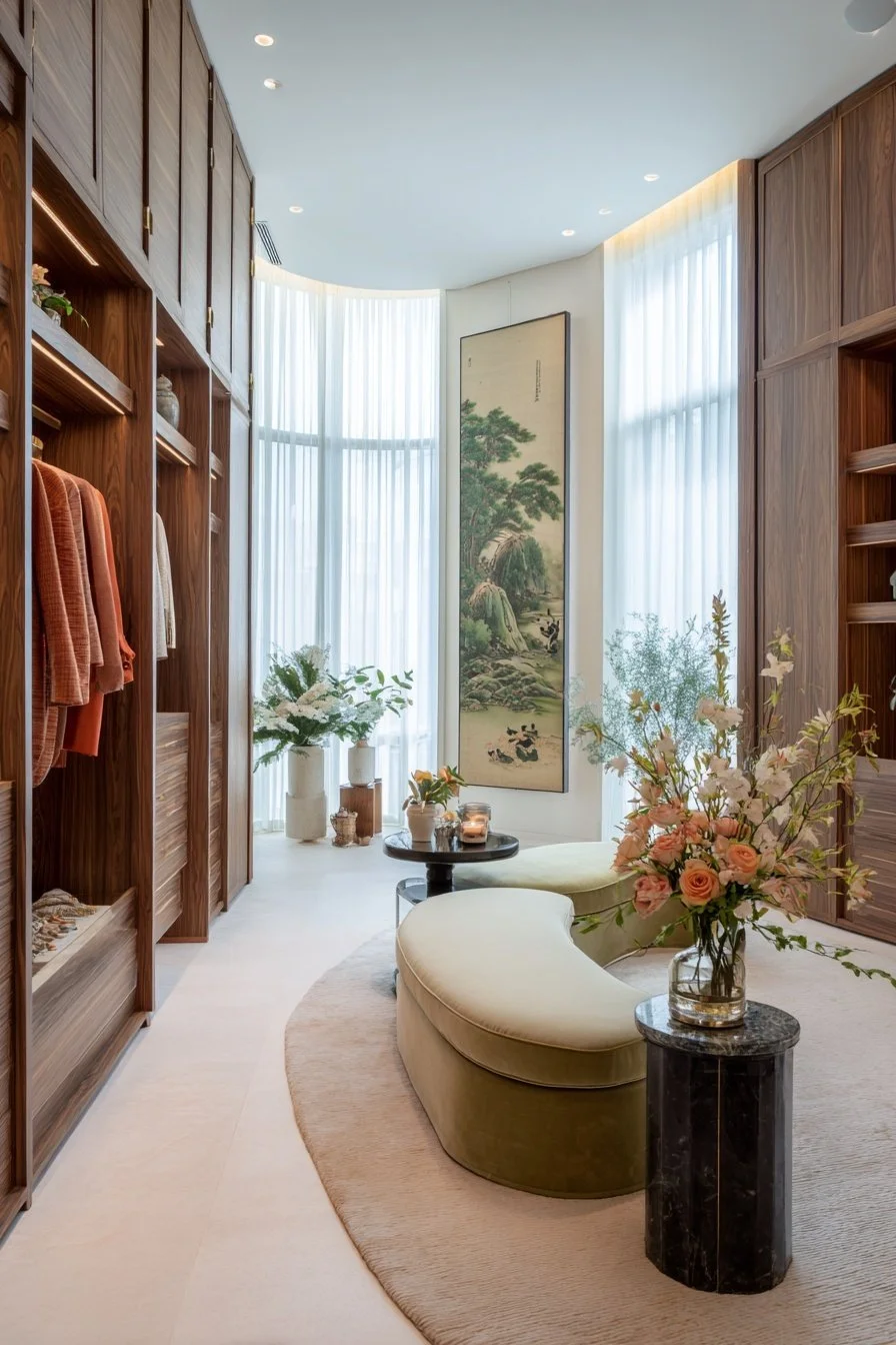 Elegant walk-in closet with wooden shelves, a curved cream-colored sofa, and a large flower arrangement in a glass vase, illuminated by natural light from tall windows with sheer curtains.