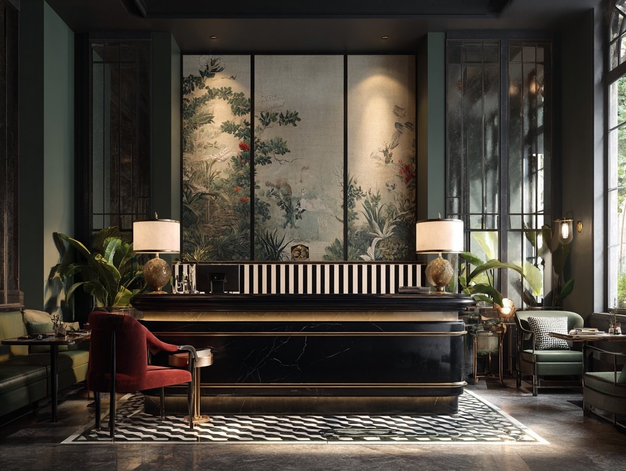 Elegant hotel lobby with a black marble reception desk, large floral mural on the wall, green leather seating, red velvet chair, and tall windows letting in natural light.