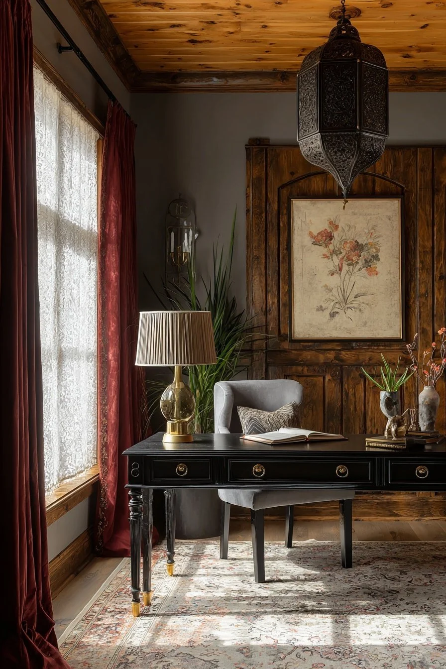 A cozy home office with a black desk, gray upholstered chair, table lamp, and decorative vases, illuminated by natural light through lace curtains.