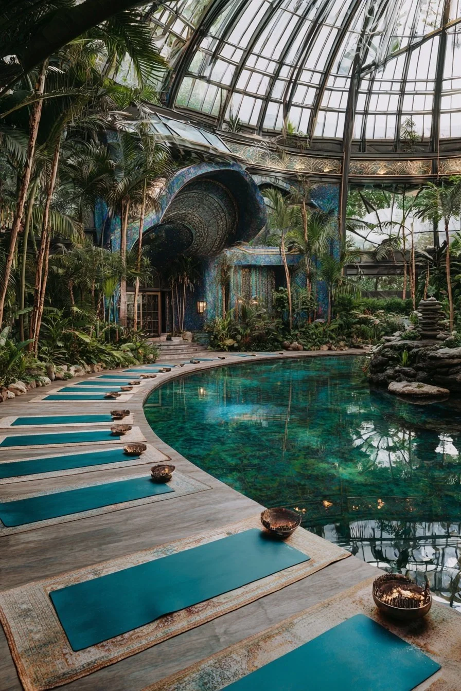 Indoor tropical garden with a curved pool, surrounded by plants, with yoga mats and bowls set on the floor, under a glass dome structure.