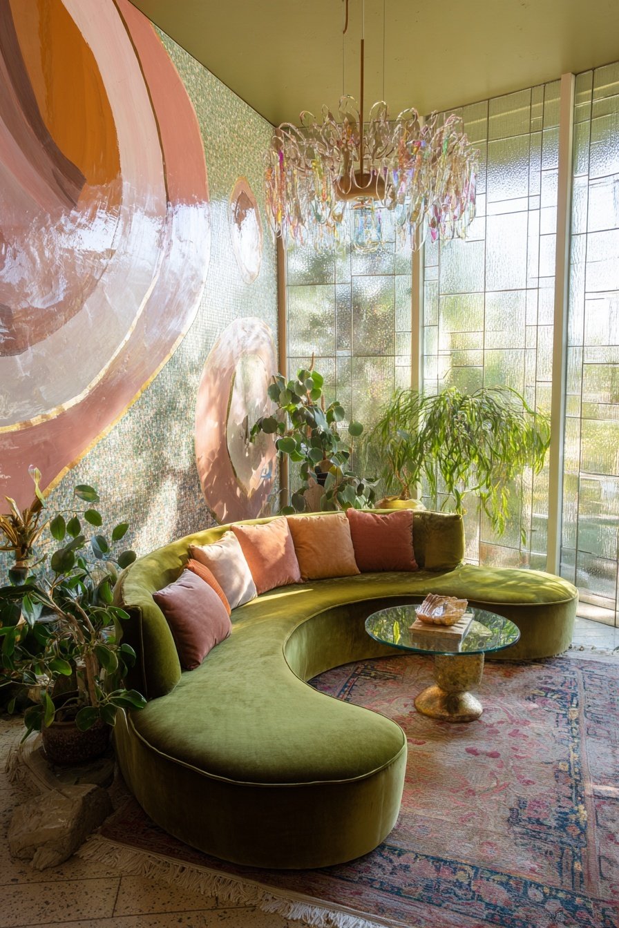 Green velvet curved sofa with multiple colored pillows, glass coffee table with a gold base, several potted plants, abstract wall art, chandelier, wood flooring, large windows with frosted glass letting in sunlight.