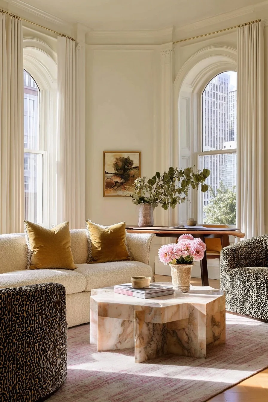 Living room with large arched windows, off-white sofa with gold pillows, patterned armchairs, white marble coffee table with pink flowers, vase with greenery, painting on wall, city buildings seen through windows.