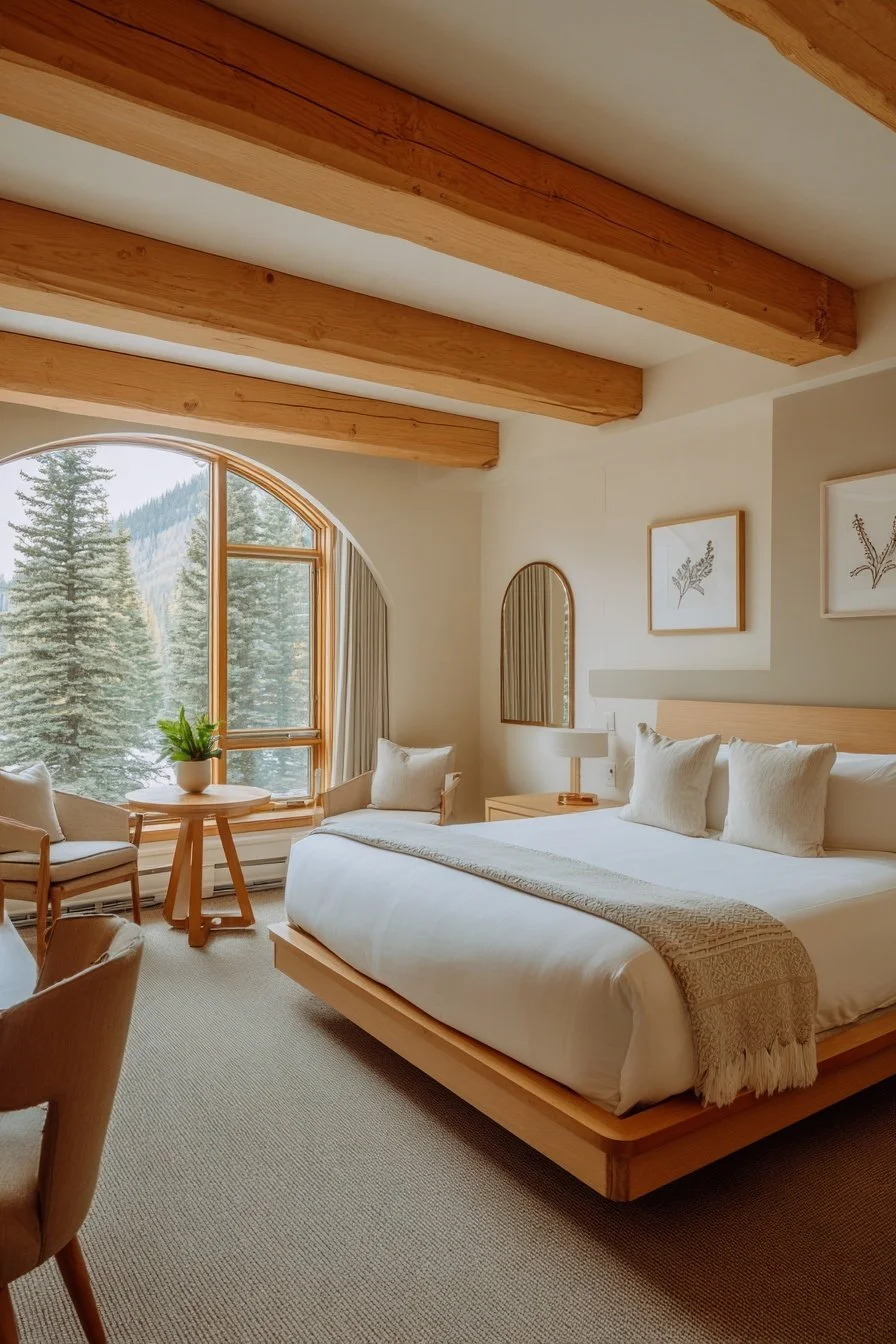 A cozy mountain cabin bedroom with a large bed, wooden beams on the ceiling, a window with outdoor trees, and minimalist decor.