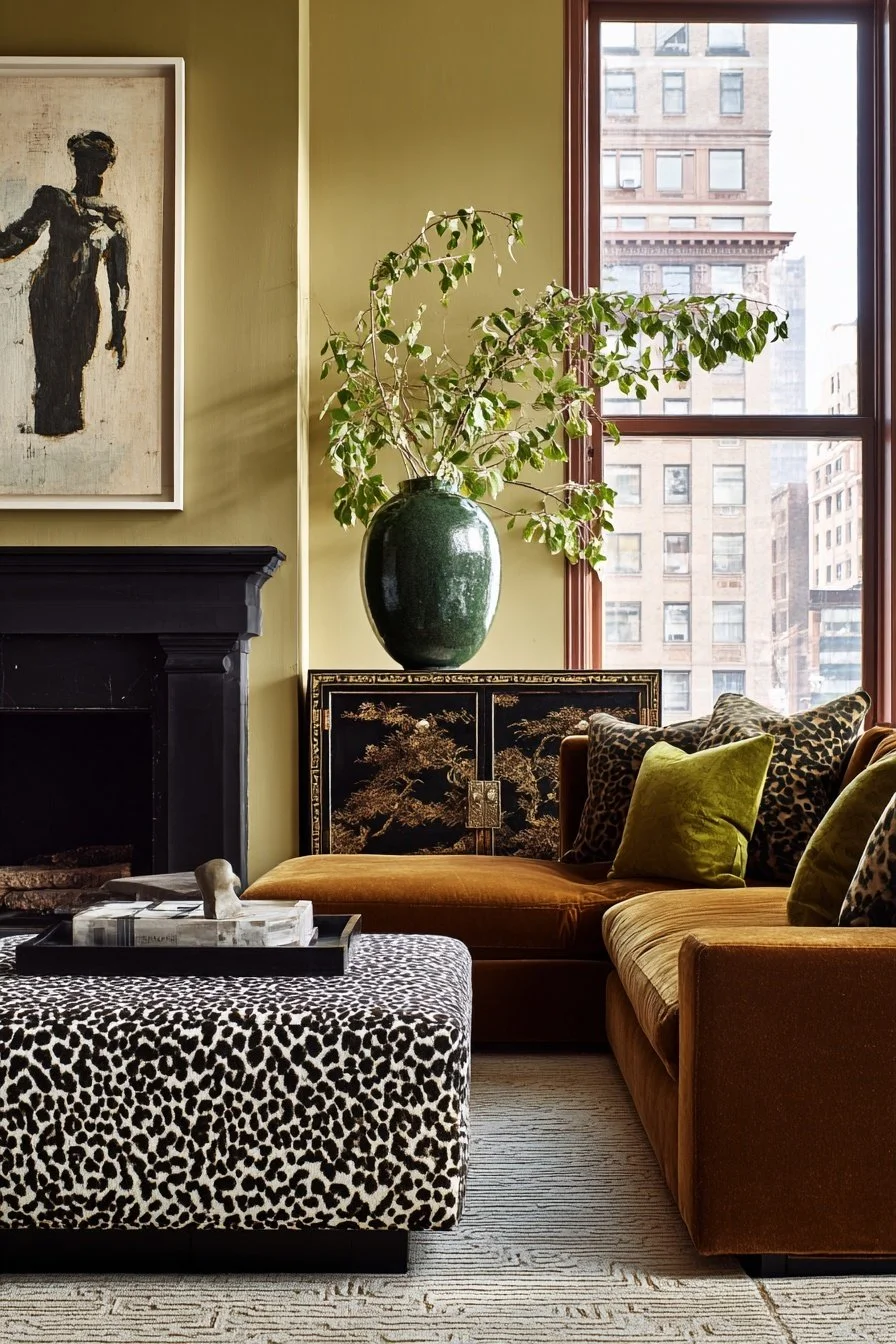 Interior of a living room with a couch, leopard print ottoman, potted plant, artwork, and city buildings visible through the window.