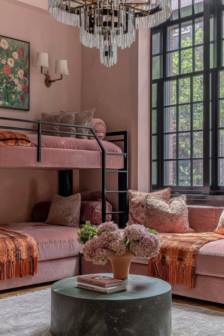 A cozy living room with pink velvet sofas, throw pillows, and a coffee table with flowers and books, next to large grid-pane windows letting in natural light, a floral wall art, and a contemporary chandelier.