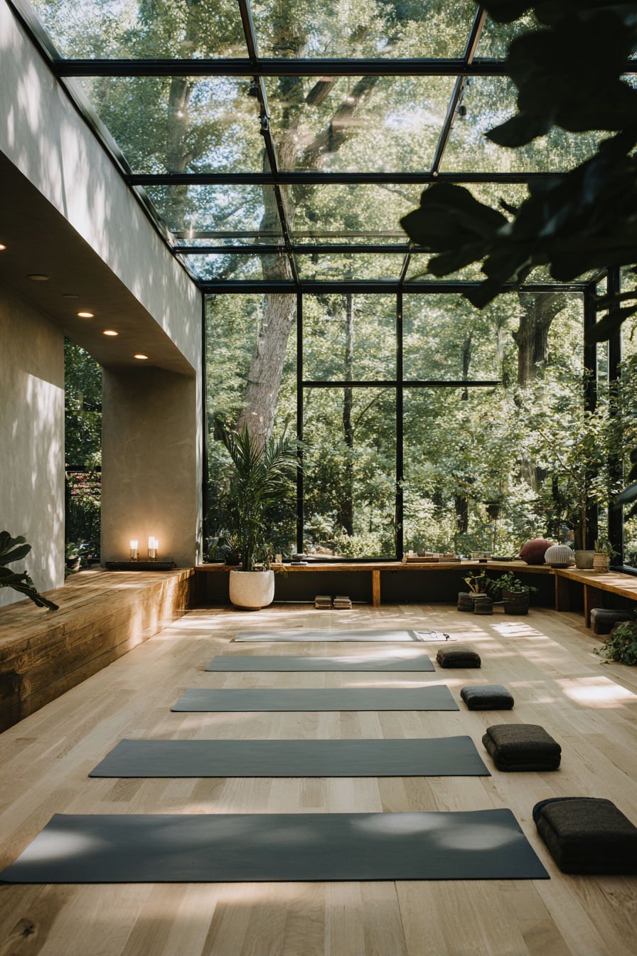 Calm wellness studio with yoga mats and cushions, representing nervous system focused design for business spaces that support comfort, relaxation, client experience, and wellbeing.