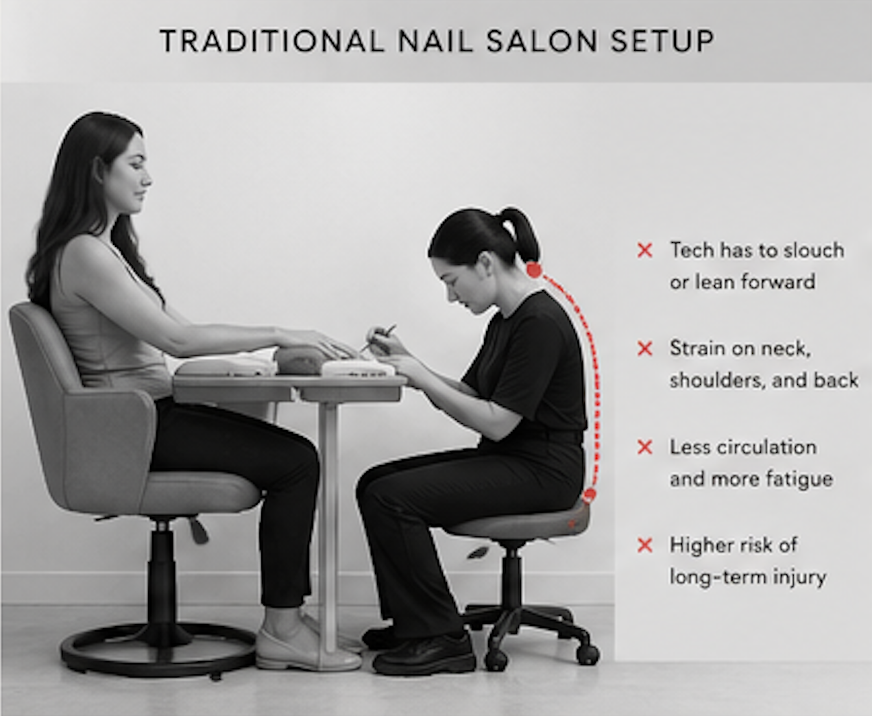 Black and white image showing a woman seated at a nail salon with her hand on a table, while a technician styles her nails. The technician is sitting on a stool with a curved back. The image includes a list of disadvantages of traditional nail salon setup, such as slouching, neck and back strain, less circulation and fatigue, and higher risk of long-term injury.