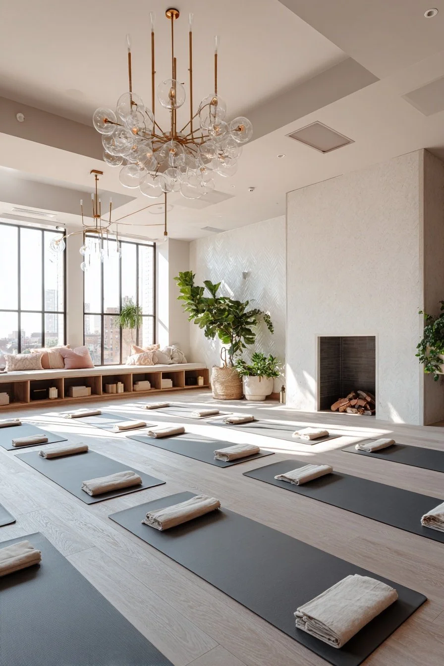 A bright, minimalistic yoga or meditation studio with black mats and folded towels on each mat, large windows with natural light, potted plants, a modern chandelier, and a white fireplace.