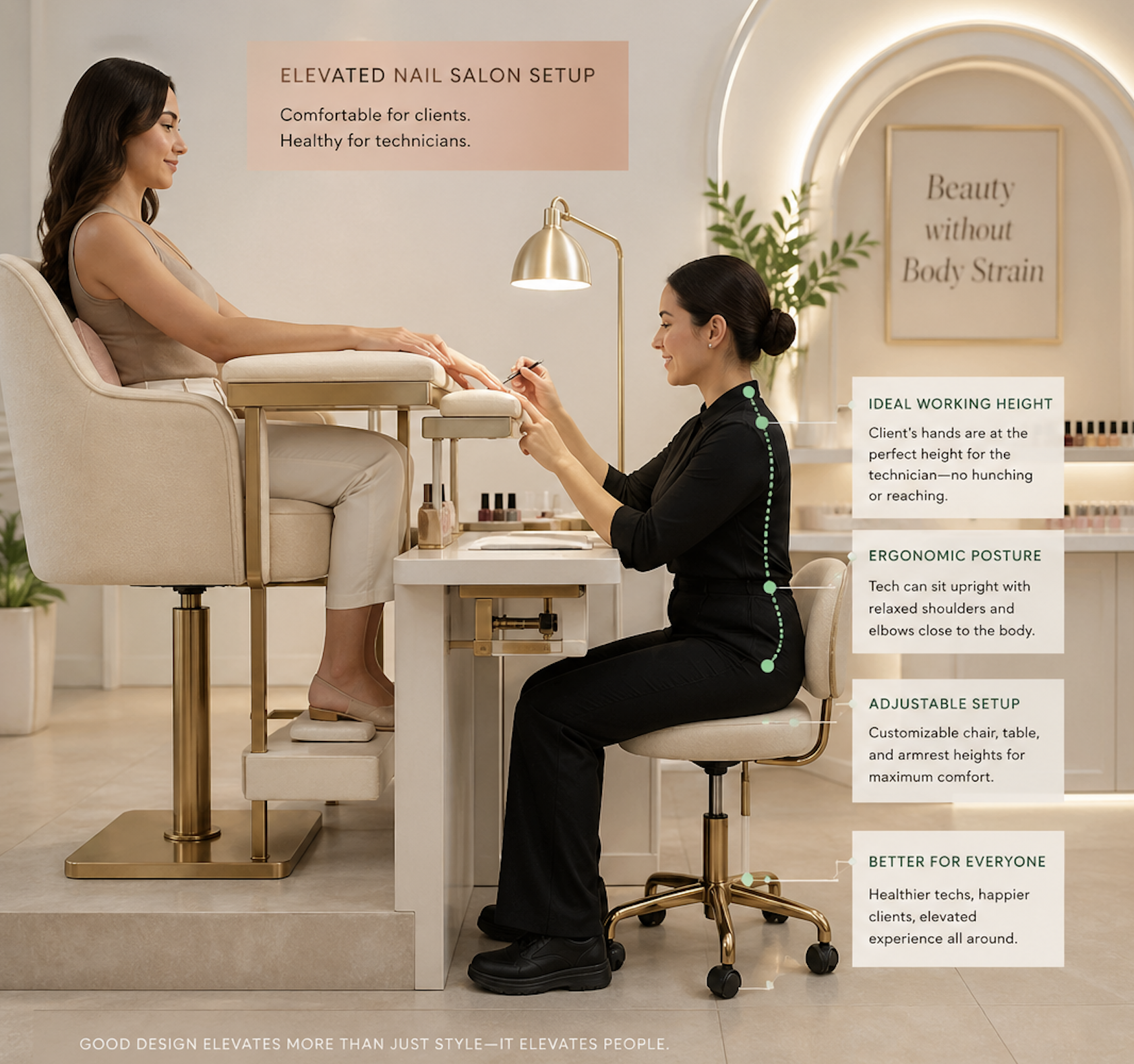 A woman getting her nails done at a nail salon with a technician working on her nails. The salon has a modern design with a sign that reads 'Elevated Nail Salon Setup' and features promotional text about ergonomic workspace design and adjustable furniture.