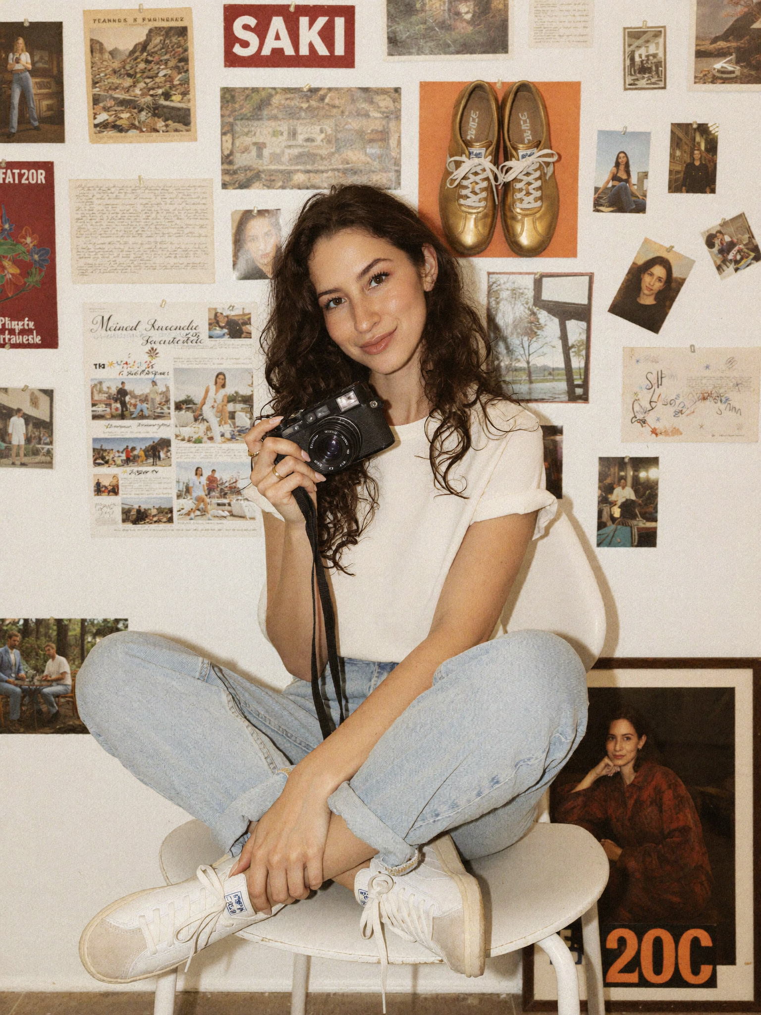 A young woman with curly brown hair sitting cross-legged on a white chair, holding a camera near her face, smiling softly. She is in front of a wall decorated with various photographs, postcards, and posters, including a red sign that says 'SAKI' and a pair of gold sneakers mounted on a red background. Another woman is seated on the floor next to the wall, wearing a red patterned dress, resting her chin on her hand.